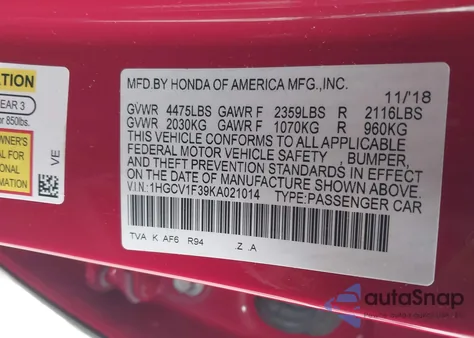 2019 Honda Accord Sport z USA, uszkodzony, nr VIN 1HGCV1F39KA021014